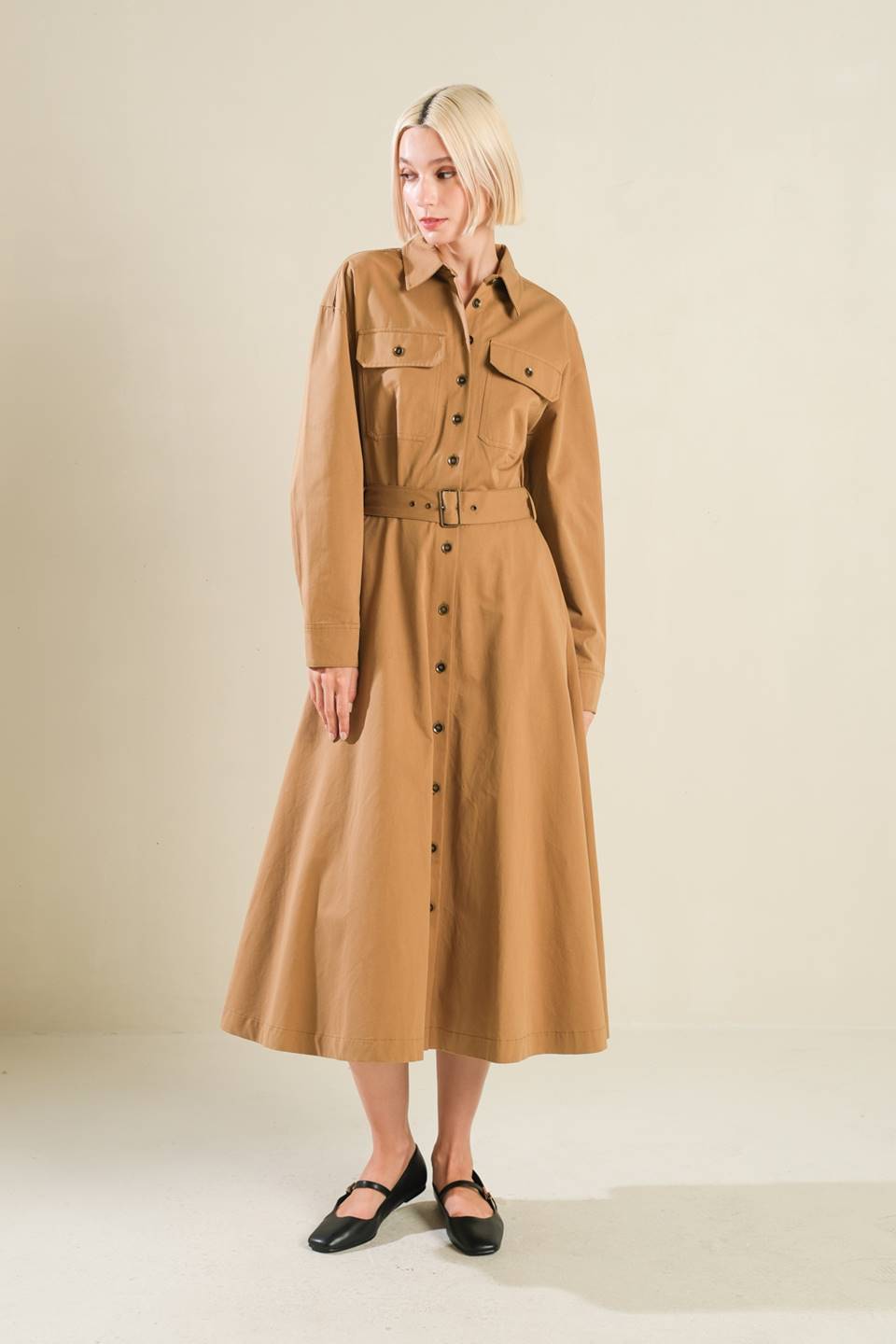 Charming Decision Woven Midi Dress With Self Belt Pockets Flying Tomato